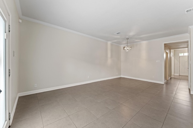 tiled spare room featuring an inviting chandelier, baseboards, and ornamental molding