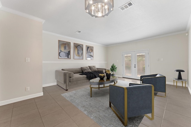 7545 Brompton St Unit 7545, Houston, TX 77025 - tiled living room featuring french doors, ornamental molding, baseboards, and a chandelier