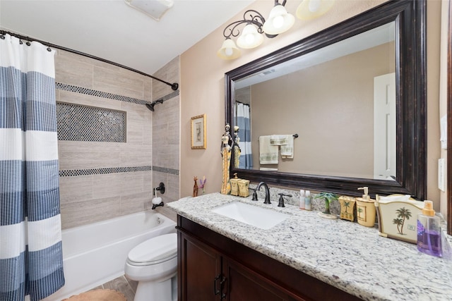 bathroom featuring vanity, shower / bath combo with shower curtain, visible vents, and toilet