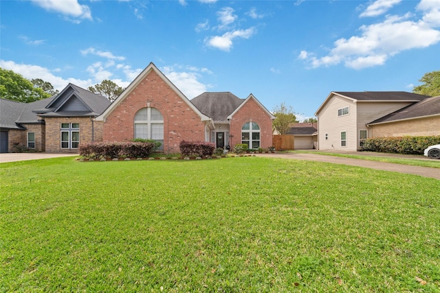 traditional home with concrete driveway, brick siding, and a front yard