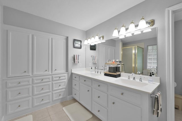 5 Highland Hollow Dr, Conroe, TX 77304 - bathroom with a shower stall, tile patterned floors, and double vanity