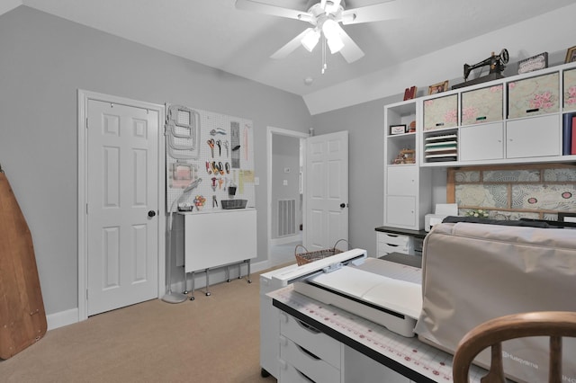 5 Highland Hollow Dr, Conroe, TX 77304 - office area with light colored carpet, a ceiling fan, vaulted ceiling, and baseboards