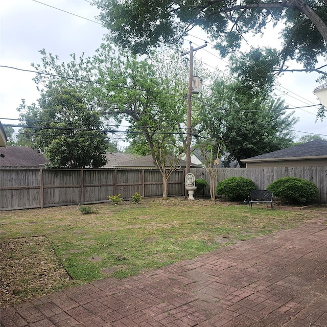 view of yard featuring a fenced backyard and a patio