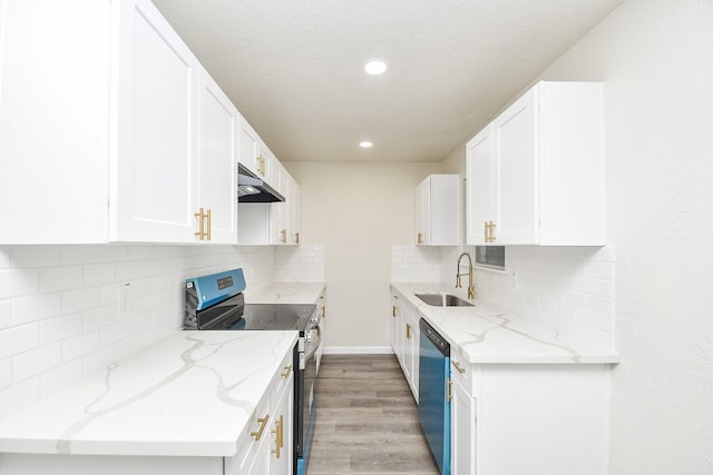 kitchen featuring under cabinet range hood, light stone counters, a sink, light wood finished floors, and appliances with stainless steel finishes