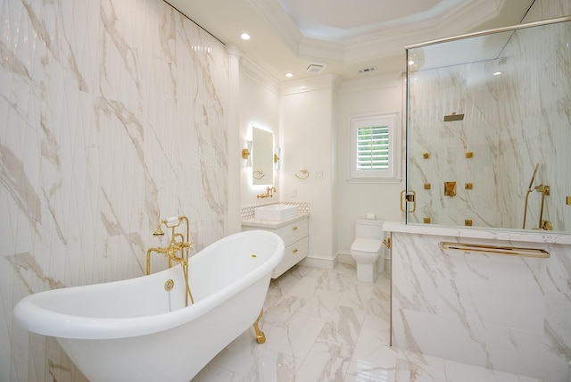 bathroom featuring crown molding, vanity, a marble finish shower, marble finish floor, and a freestanding tub
