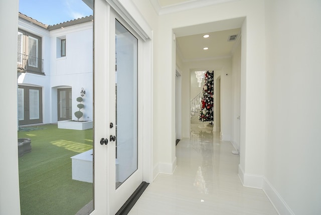 hall featuring crown molding, french doors, recessed lighting, baseboards, and visible vents