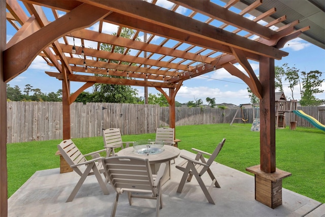 5918 Dovershire Blf, Way, Spring, TX 77389 - view of patio / terrace featuring a playground and a pergola