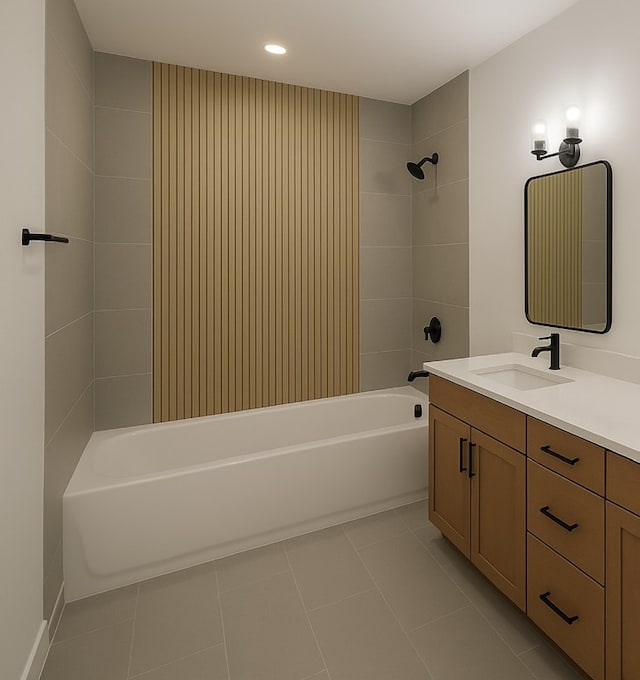 330 Neyland St, Houston, TX 77022 - bathroom featuring recessed lighting, tile patterned floors, tub / shower combination, and vanity