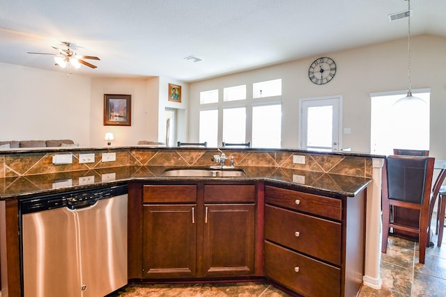 kitchen with ceiling fan, a sink, dishwasher, open floor plan, and visible vents