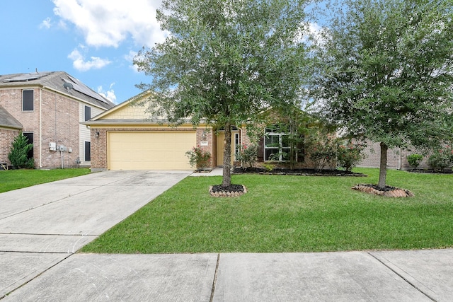 view of front of house featuring brick siding, a garage, a front lawn, and driveway