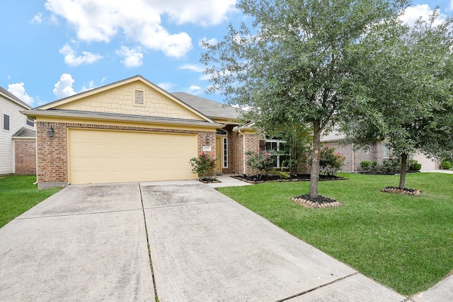 ranch-style home featuring an attached garage, driveway, brick siding, and a front yard