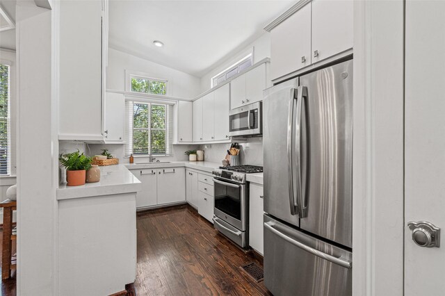 kitchen featuring light countertops, stainless steel appliances, white cabinetry, dark wood-type flooring, and vaulted ceiling