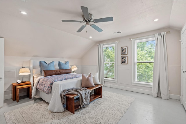 bedroom with visible vents, a ceiling fan, vaulted ceiling, and recessed lighting