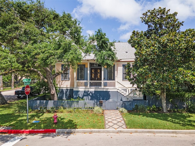 view of front of home with stairs, a fenced front yard, covered porch, and a front yard
