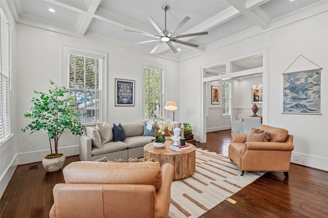 living area with wood-type flooring, beam ceiling, baseboards, a ceiling fan, and coffered ceiling