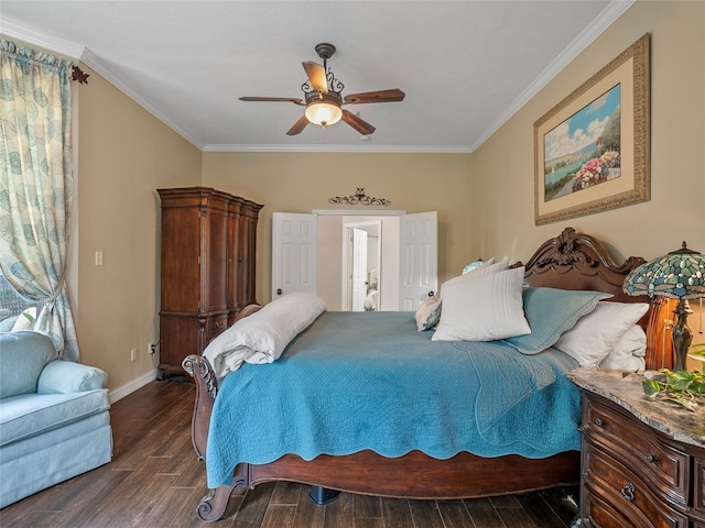 bedroom featuring crown molding, baseboards, ceiling fan, and dark wood-type flooring