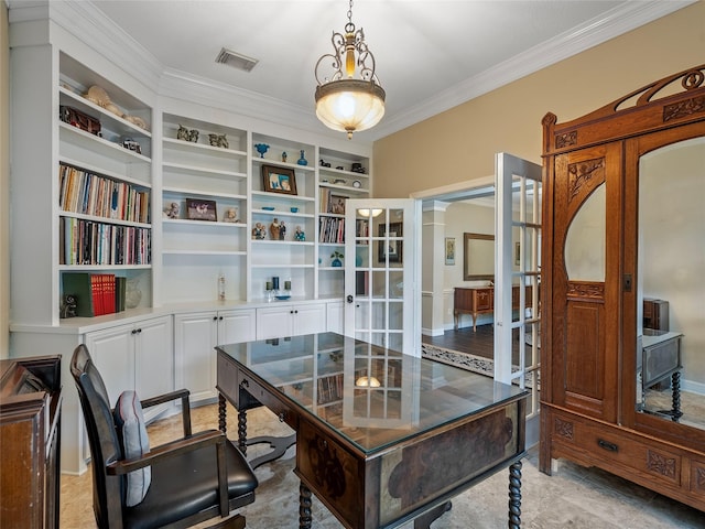office space with visible vents, ornamental molding, built in features, and french doors