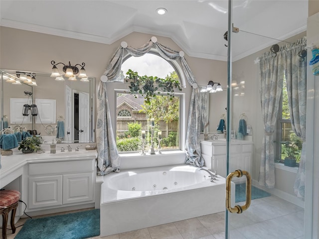 full bathroom featuring a tub with jets, a healthy amount of sunlight, and lofted ceiling