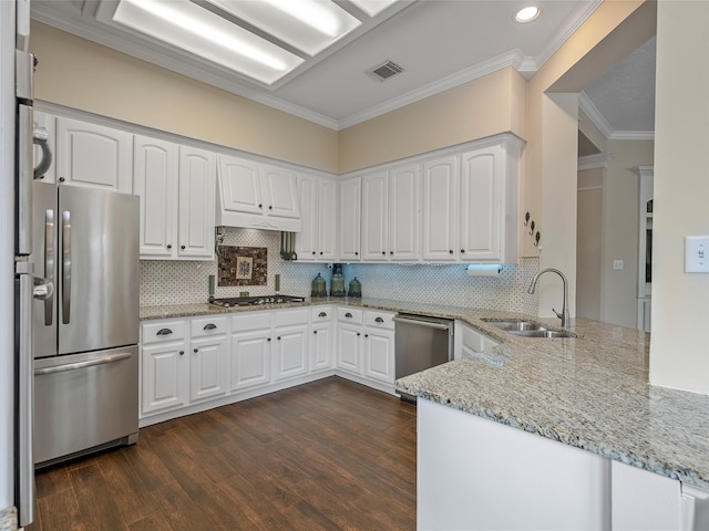 kitchen with stainless steel appliances, light stone counters, a sink, and a peninsula