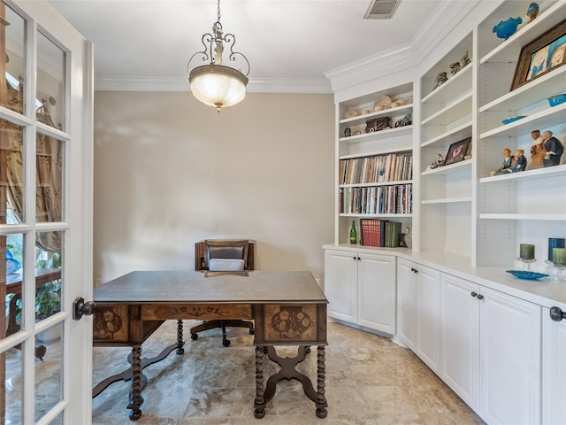 home office with visible vents, ornamental molding, and french doors