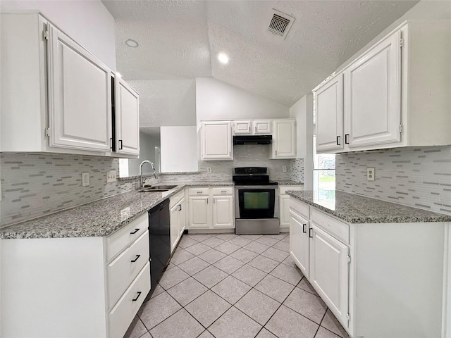 6410 Rancho Blanco Ct, Houston, TX 77083 - kitchen featuring stainless steel electric range oven, a sink, under cabinet range hood, black dishwasher, and light tile patterned flooring