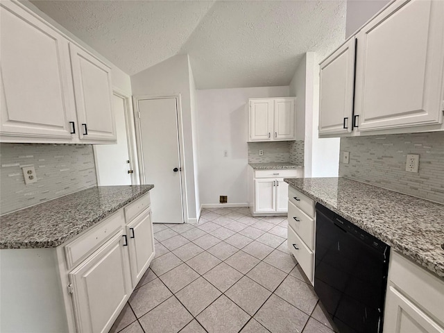 6410 Rancho Blanco Ct, Houston, TX 77083 - kitchen featuring dishwasher, backsplash, light tile patterned flooring, white cabinetry, and a textured ceiling