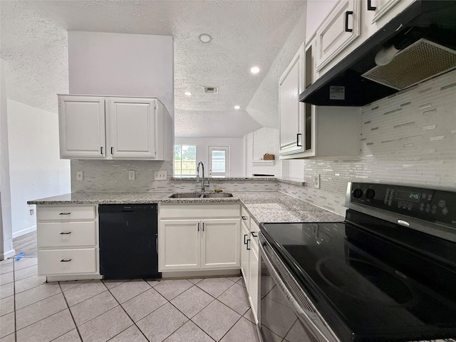 6410 Rancho Blanco Ct, Houston, TX 77083 - kitchen featuring stainless steel electric stove, dishwasher, a textured ceiling, under cabinet range hood, and a sink