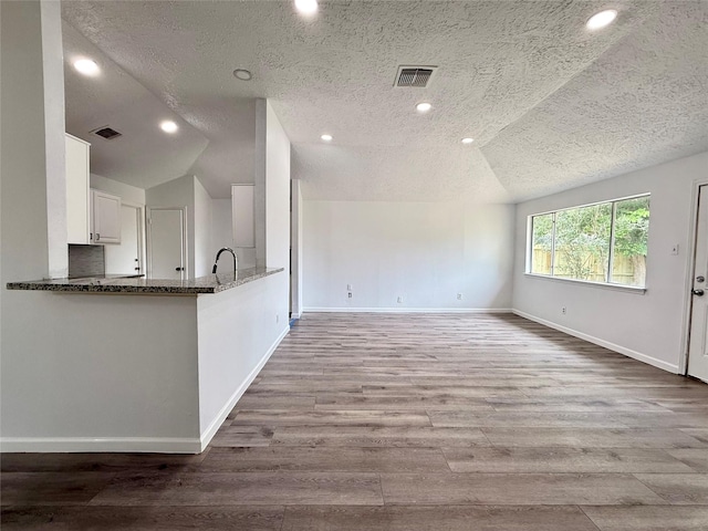 6410 Rancho Blanco Ct, Houston, TX 77083 - unfurnished living room with lofted ceiling, wood finished floors, baseboards, a textured ceiling, and recessed lighting