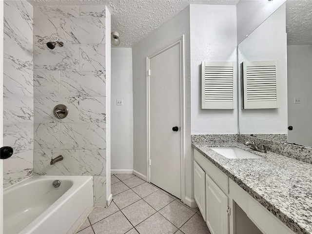 6410 Rancho Blanco Ct, Houston, TX 77083 - bathroom featuring a textured ceiling, tub / shower combination, vanity, tile patterned flooring, and baseboards