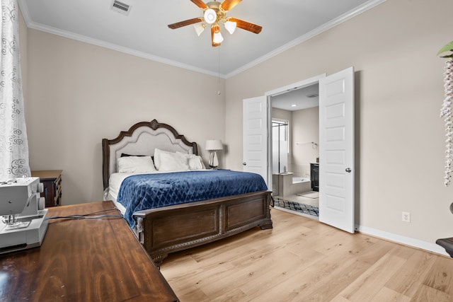 3422 Leaning Willow Dr, Katy, TX 77494 - bedroom featuring visible vents, crown molding, baseboards, ensuite bathroom, and light wood-style flooring