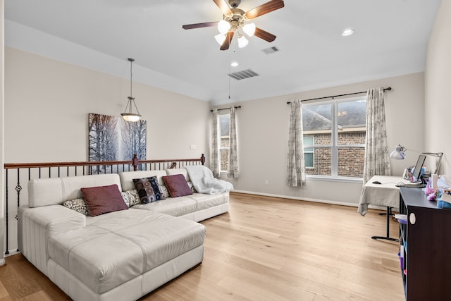 3422 Leaning Willow Dr, Katy, TX 77494 - living area featuring visible vents, light wood finished floors, and ceiling fan