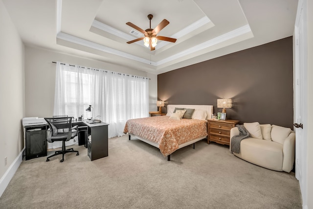32927 Franklin Brooks Dr, Brookshire, TX 77423 - bedroom with crown molding, a ceiling fan, a tray ceiling, and light colored carpet