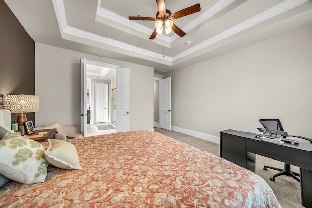 32927 Franklin Brooks Dr, Brookshire, TX 77423 - carpeted bedroom featuring crown molding, a raised ceiling, baseboards, and a ceiling fan