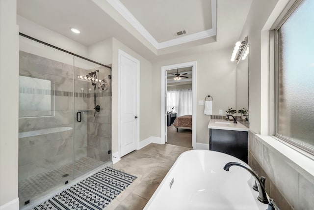 32927 Franklin Brooks Dr, Brookshire, TX 77423 - ensuite bathroom with visible vents, a freestanding tub, a stall shower, vanity, and ensuite bathroom