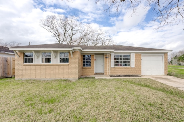 single story home with concrete driveway, brick siding, a front lawn, and a garage