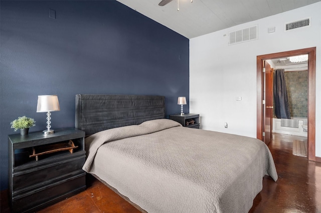 bedroom with visible vents, concrete flooring, vaulted ceiling, and ceiling fan