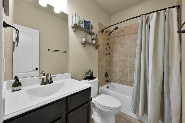 7610 Willow School Dr, Spring, TX 77389 - bathroom with toilet, shower / bathtub combination with curtain, tile patterned flooring, and vanity