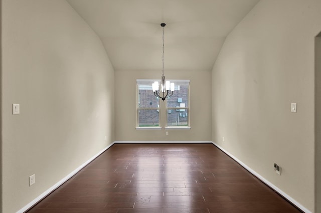 7610 Willow School Dr, Spring, TX 77389 - unfurnished dining area with an inviting chandelier, baseboards, lofted ceiling, and dark wood-style floors