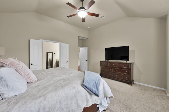 7610 Willow School Dr, Spring, TX 77389 - bedroom featuring visible vents, ceiling fan, vaulted ceiling, and light carpet