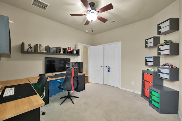 7610 Willow School Dr, Spring, TX 77389 - carpeted home office featuring ceiling fan, visible vents, and baseboards
