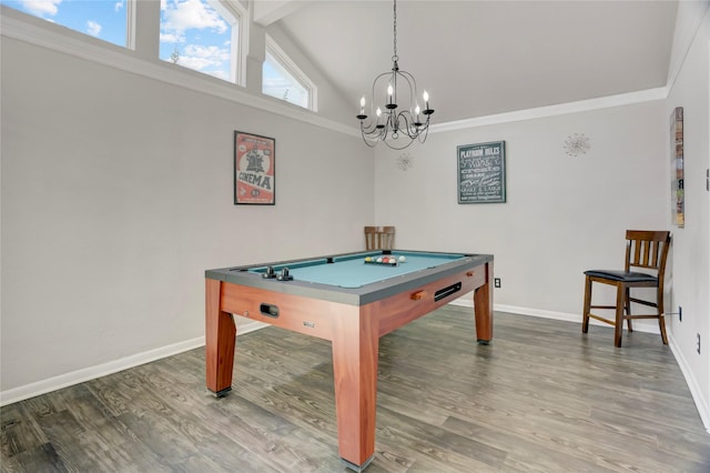 playroom with a notable chandelier, high vaulted ceiling, baseboards, billiards, and wood finished floors