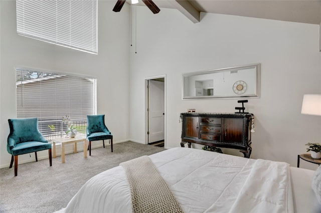 carpeted bedroom featuring ceiling fan, high vaulted ceiling, baseboards, and beam ceiling