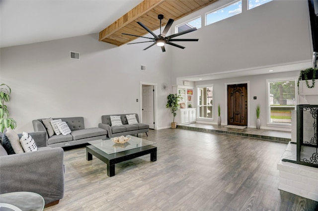 living room featuring high vaulted ceiling, ceiling fan, wood finished floors, and visible vents