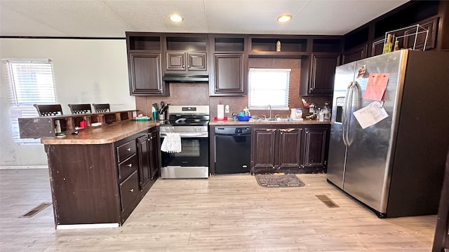 kitchen with a peninsula, light wood-style floors, under cabinet range hood, a sink, and stainless steel appliances