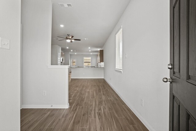 2340 Mooneye Ct, Conroe, TX 77384 - interior space featuring visible vents, a ceiling fan, dark wood finished floors, and recessed lighting