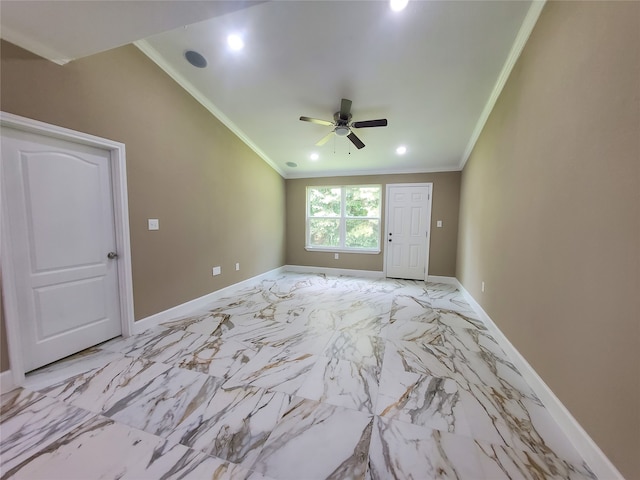unfurnished room with baseboards, ornamental molding, recessed lighting, and ceiling fan