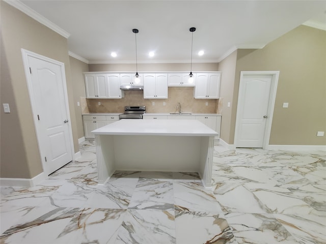 kitchen with stainless steel electric range, white cabinetry, baseboards, decorative backsplash, and under cabinet range hood