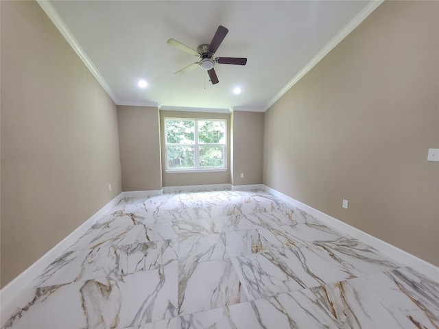unfurnished room with crown molding, recessed lighting, baseboards, and ceiling fan