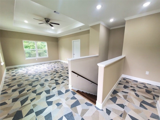 interior space with recessed lighting, baseboards, visible vents, and a ceiling fan