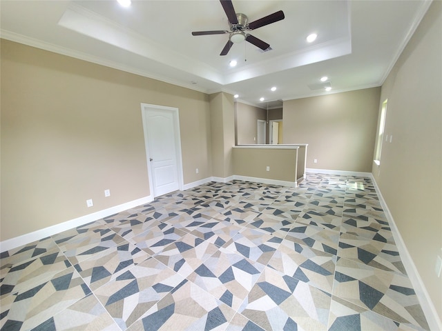 unfurnished room with crown molding, a raised ceiling, ceiling fan, and recessed lighting